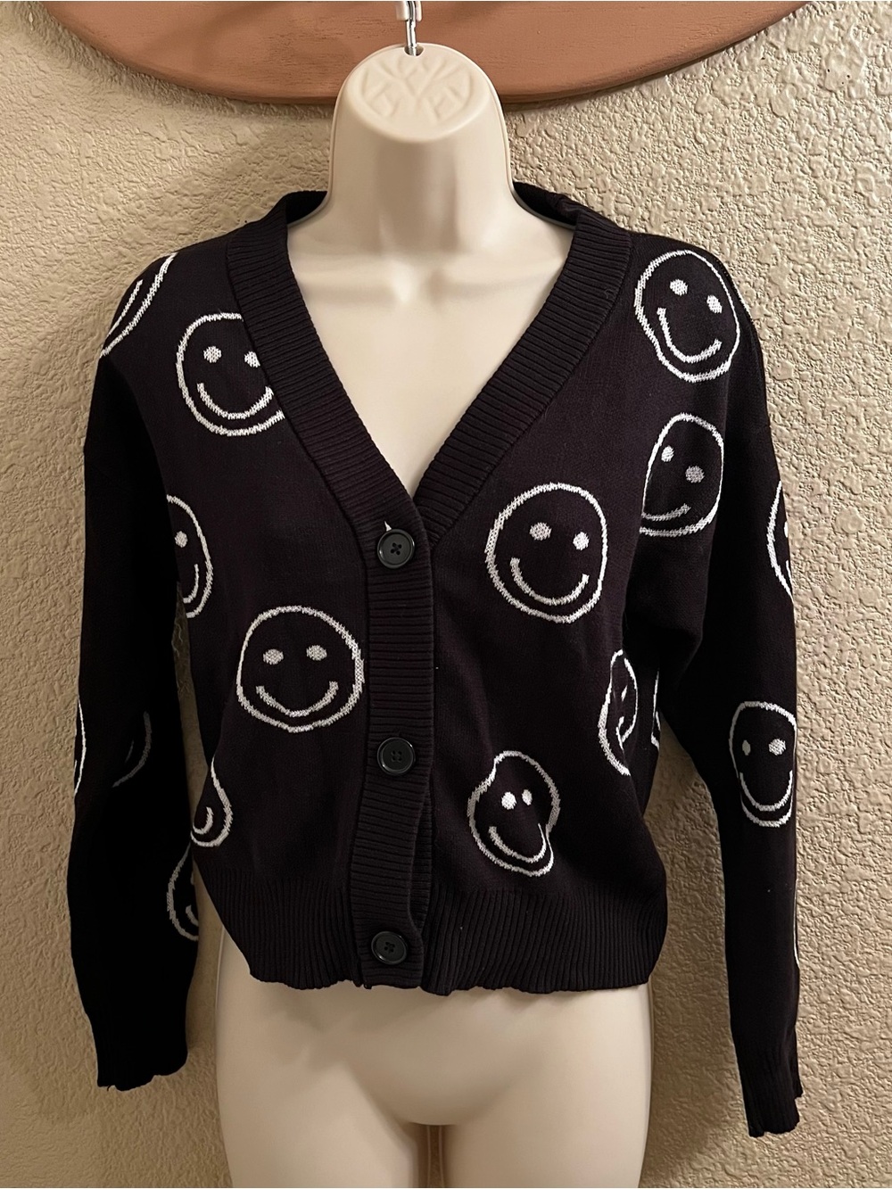 Black Smiley Face V‑Neck Cardigan Sweater